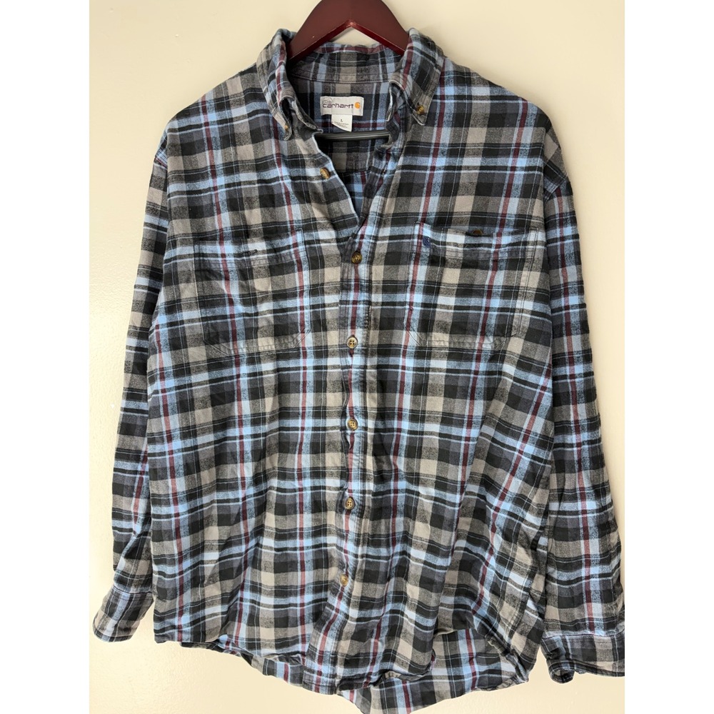 Carhartt Mens Blue Grey Plaid Flannel Long Sleeve Button Down Work Shirt L